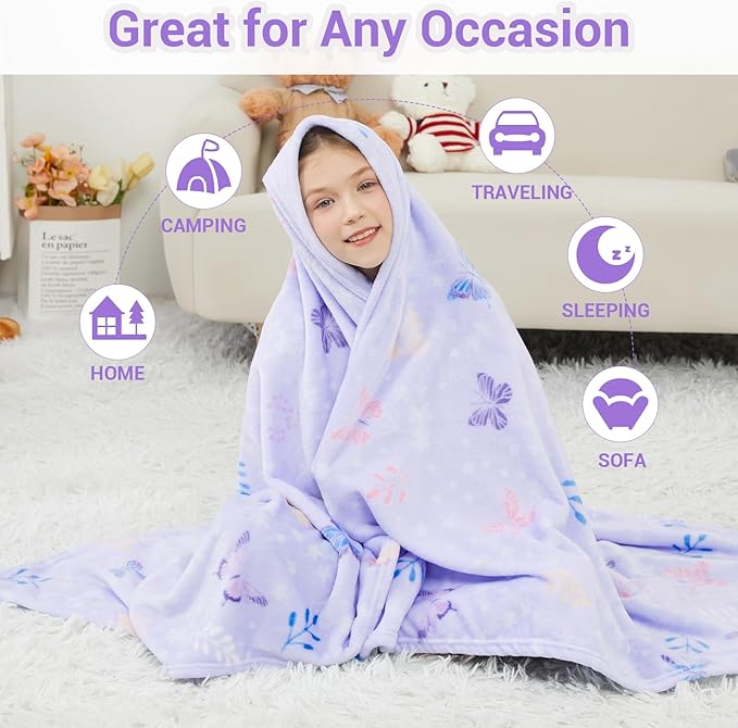 Viviland Kids Throw Blanket, Purple Butterfly Blankets for Kids, Soft Warm Lightweight Plush Throw Blanket Fleece Throw Blanket for Sofa Chair Couch Bed, for Kids, 30" x 40"