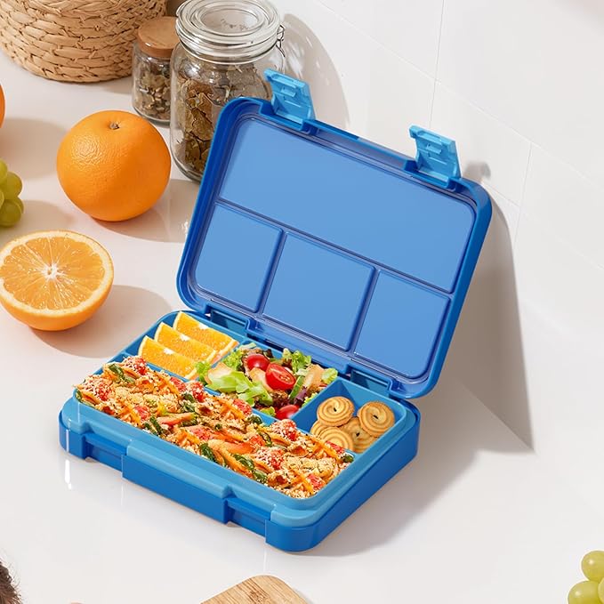 Bento Lunch Box for Kids, 4 Compartments Kids Leak Proof Bento Lunch Boxes Food Containers for School, Travel, On-the-Go Meal, Food Grade, Microwave, Dishwasher Safe, Pure Blue