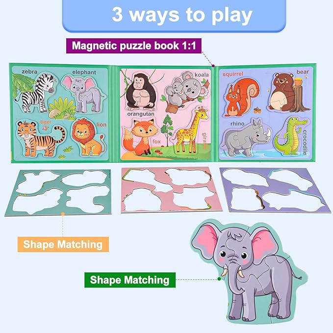 ASTARON 3D Magnetic Animal Puzzle with 60 Puffy Stickers for Toddlers, 41 Pieces Puzzles Preschool Education Learning Travel Toys Car Plane Activities for Kids Road Trip Birthday Gifts