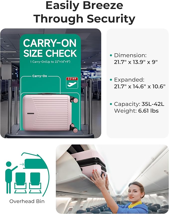 BAGSMART Carry On Luggage 22x14x9 Airline Approved with Spinner Wheels,100% PC Hardside Expandable Luggage with TSA Lock for Trips, 20 Inch Rolling Suitcases for Men Women,BlackPink