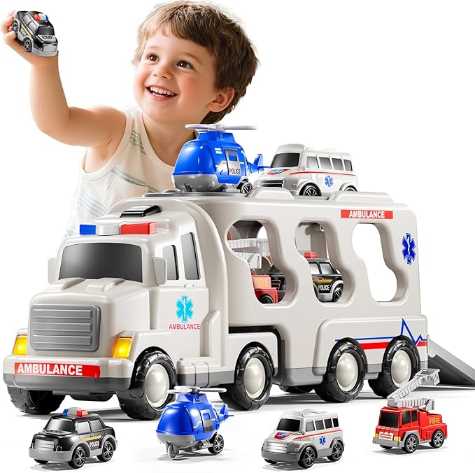 Ambulance Truck Toys Set for Kids Toddlers 1-3 3-5 Years Old, Carrier Truck Playset with Toy Cars, Light and Sound, City Learning Toys for Toddlers, Birthday Gifts for Boys Girls Aged 2-4 4-8