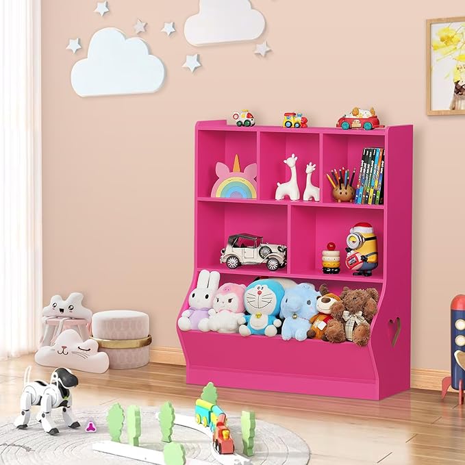 Lerliuo Kids Storage Organizer, 3 Tier Children Bookcase and Bookshelf, Toddler 6 Cubby Cabinet, Wood Book Shelf for Playroom, Bedroom, Living Room, Nursery, School 39.17'' H (Pink)
