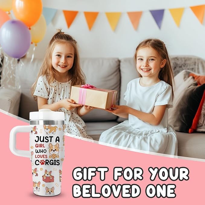 Corgi Gifts - 14 Oz Cartoon Kids Corgi Tumbler with Handle and Straw, Stainless Steel Insulated Water Bottle, for Boys Girls, School, Travel - Funny Dog Themed Children Birthday Gift Cup(1pc)