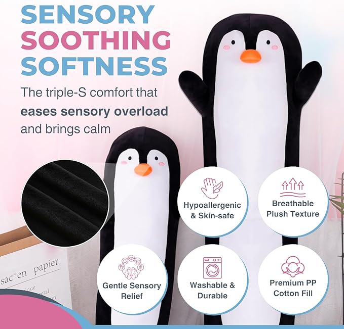 Penguin Plush Body Pillow for Kids | Long Stuffed Animal Cuddle Pillow | Soft Hugging Toy | Plushie Gift for Girls & Boys | Long Plush Body Pillow for Sleep & Comfort | Large, 47 Inches