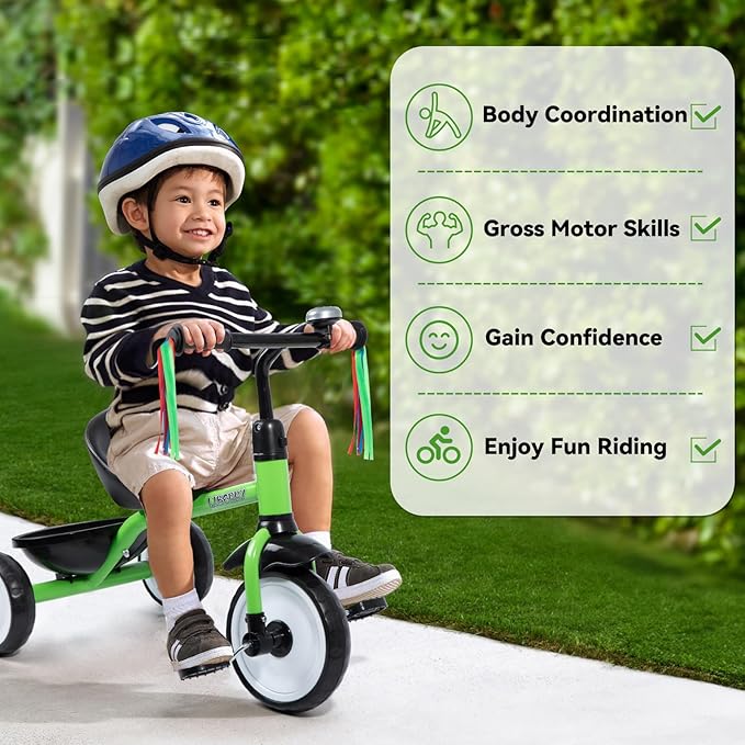 Liberry Toddler Tricycle Age 2 3 4 Years Old, Kids Trike with Bell, Back Basket and Removable Pedal, 3 Wheel Bike Birthday Toys Gift for Boys Girls, Green