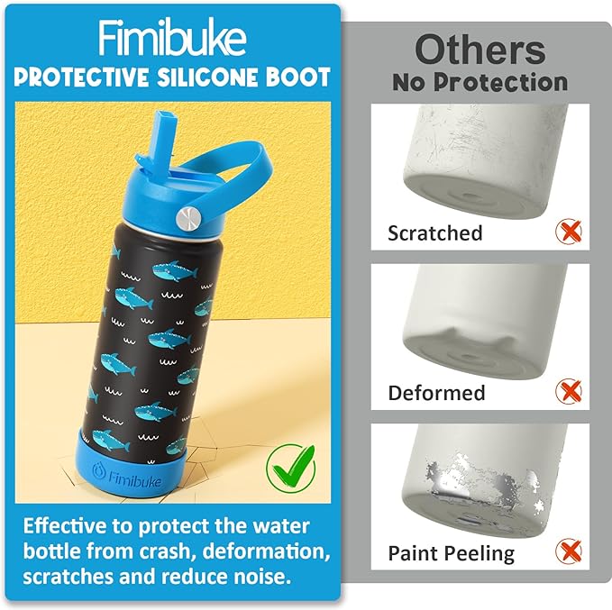 Fimibuke Kids Insulated Water Bottle, 18oz BPA FREE Kids Cups with Straw Double Wall Vacuum Tumbler 18/8 Stainless Steel Leak Proof Toddler Water Bottle for School Boys Girls (2 Pack, Dinosaur/Truck)