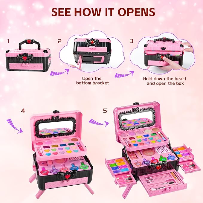 Kids Makeup Sets for Girls - Pretend Make Up Kits Real Washable Princess Toys with Mirror, Real Dressing Table with Stand Play Makeup Toys for 3 4 5 6 7 8-12 Year Old Girls Birthday & Christmas