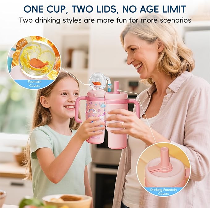 Insulated Whale Fountain Cup, 24 oz Stainless Steel Travel Mug with Handle, Leak-Proof Straw Cup, 2025 model - Washable. Suitable for children, teenagers and adults (pink)