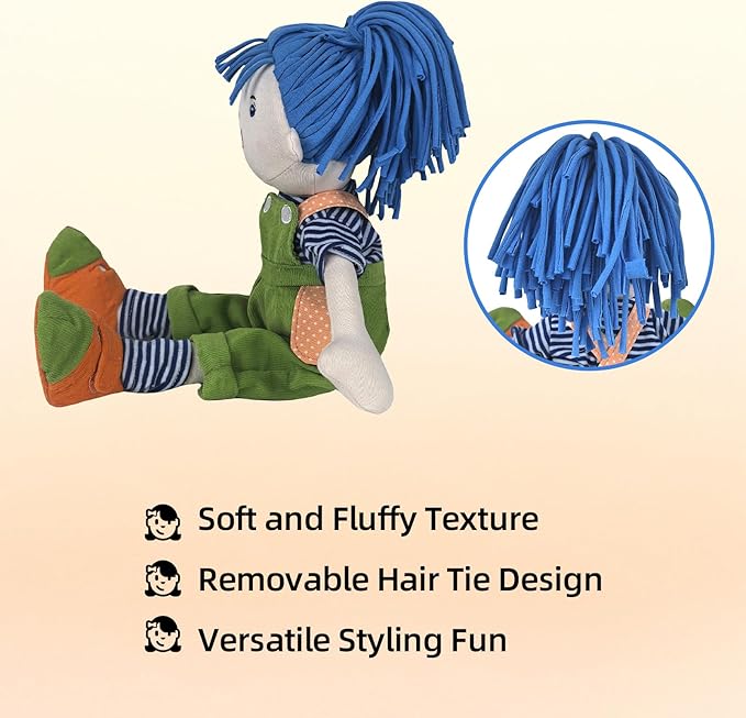 13” Soft Baby Doll, Plush Toy Soft Stuffed Figure for Kids, Plush Toys Adorable Blue - Haired Rag Doll, Green Overalls Design, Soft Cuddly Dolls Companion Perfect Plushie Gift for Kids