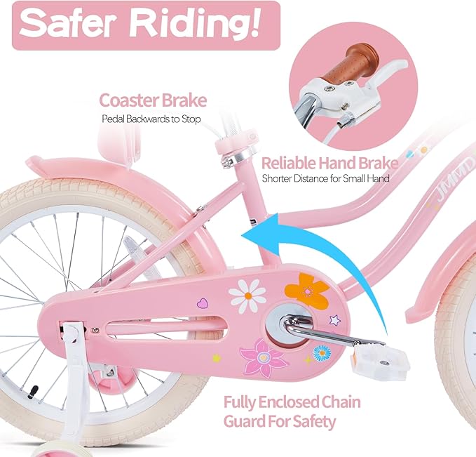 JMMD Girls Bike for 4-12 Years Old Kids, 12 14 16 18 20 24 Kids Bike with Training Wheels, Basket and Doll Seat, Toddler Girls Bicycles with Handbrake & Kickstand, Multiple Colors