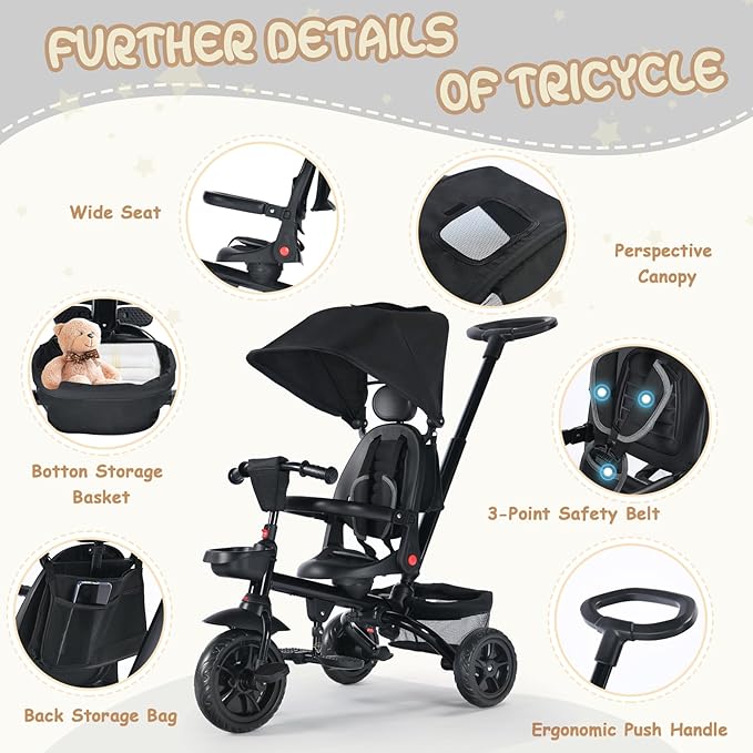 Folding Kids' Tricycle, 8 IN1 Baby Trike W/Removable Canpoy&Parental Push Rod, Toddler Bike Stroller for Kids 1-5 Years, 360° Swivel Seat, EVA Wheels，Storage Basket, Black