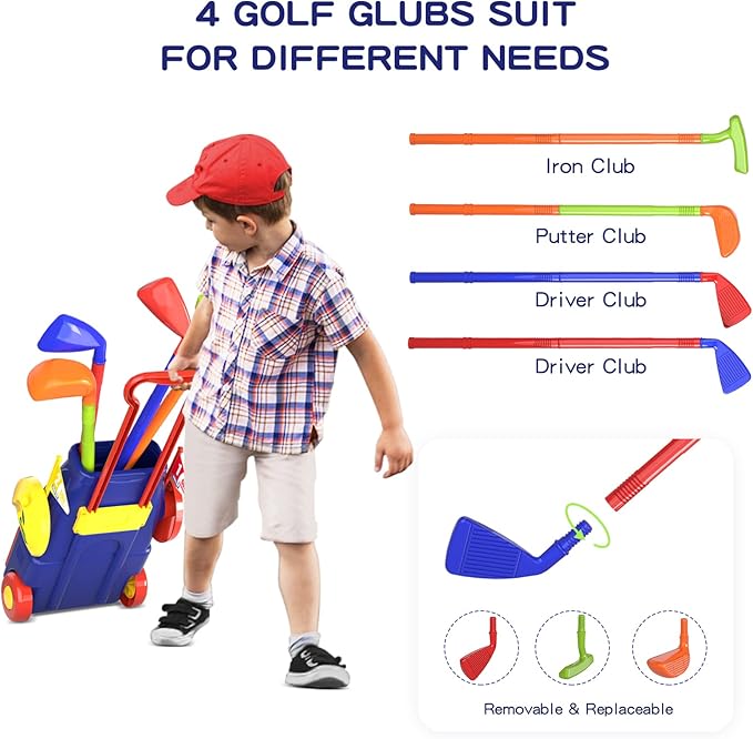 QDRAGON Kids Golf Clubs, Toddler Golf Set with 8 Balls, Putting Mat, 4 Golf Sticks, 2 Practice Holes and Golf Cart with Wheels, Indoor Outdoor Sport Toys for Boys Girls Ages 3 4 5+