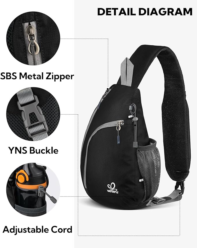 WATERFLY Crossbody Sling Bag Small Water Resistant Backpack Lightweight Shoulder Chest Daypack for Men Women Hiking Travel
