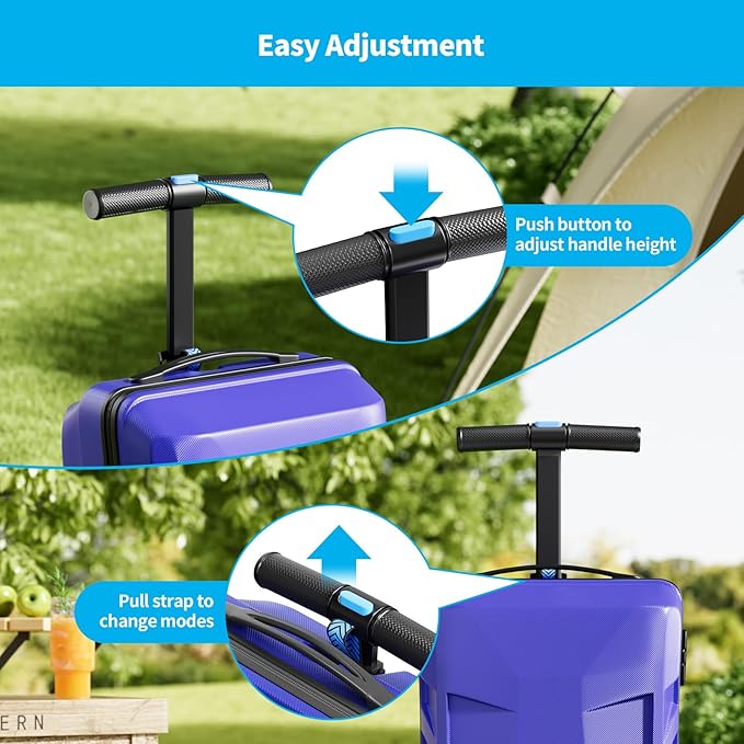 Scooter Suitcase 3-D Hardshell Ride Scooter Luggage for Kids Age 7-15, Cute Lightweight Kids Luggage with Wheels, Girls&Boys Multifunctional Ride On Travel Trolley Scooter Combo-Blue