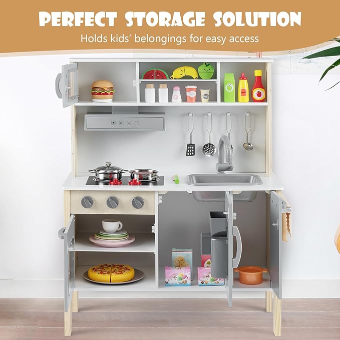 Costzon Kids Kitchen Playset, Wooden Pretend Toddler Kitchen Toy Set w/Sound, Microwave, Oven, Ice Maker, Range Hood, Stoves, Sink & 18 Accessories, Pink Play Kitchen for Girls Ages 3+