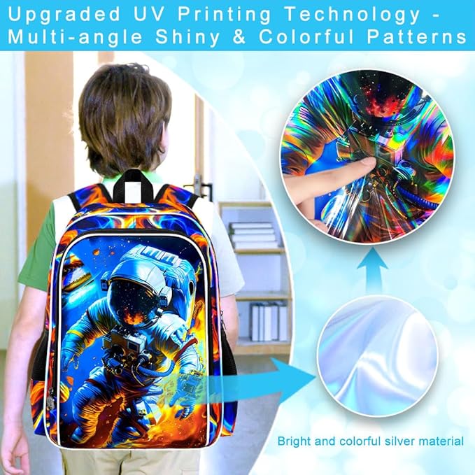 3Pcs Space Backpack for Boy, 17" Fire Bookbag for Elementary Preschool Kindergarten, Kids School Backpacks with Lunch Box (Red)