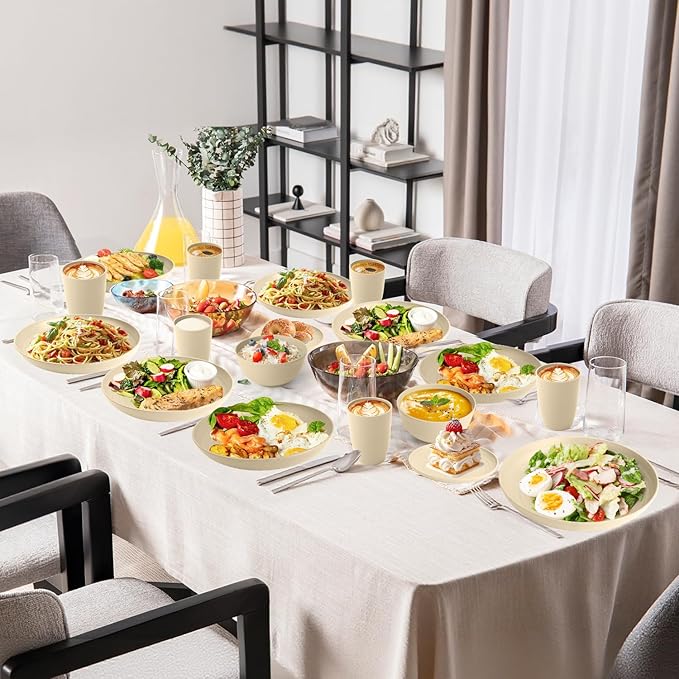 Wheat Straw Dishes Set Service for 8, Reusable Plastic Dinnerware Set 32 PCS, Kitchen Plates and Bowls sets, Unbreakable Microwave and Dishwasher Safe Camping Dishes for RV, Outdoor - Beige