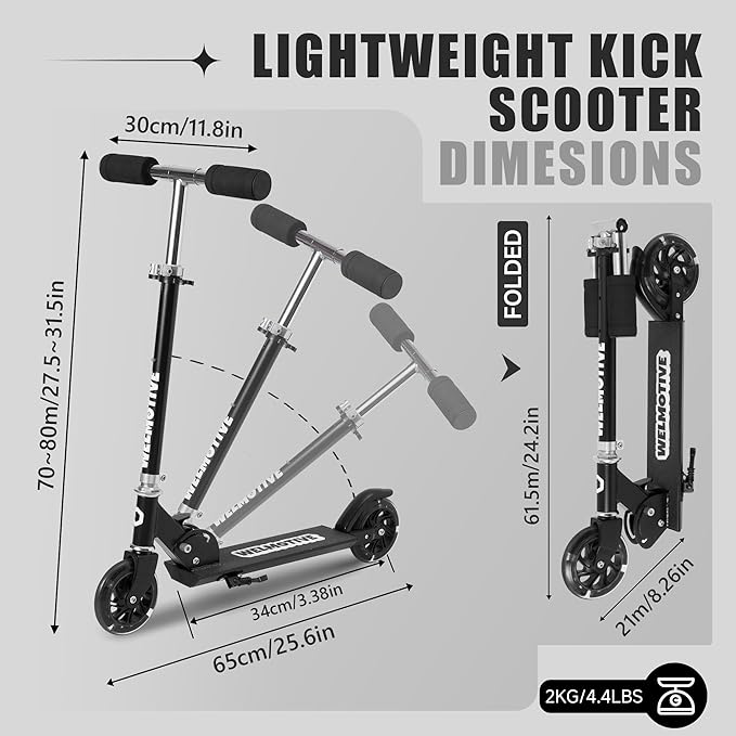 Kick Scooter for 3+Years Old Boys & Girls Lightweight, Foldable, Aluminum Frame, and Adjustable Handlebars, Rear Brake, and Flashing Light up Wheels
