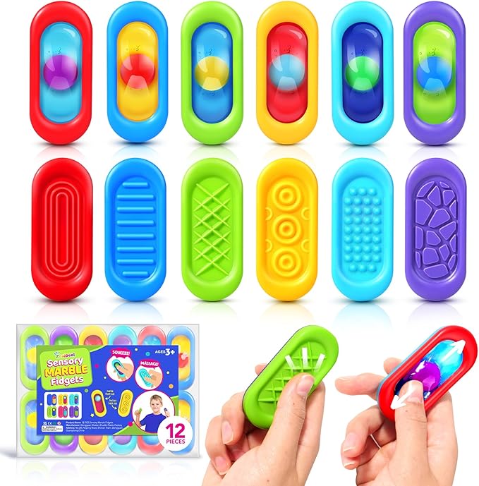 Sensory Marble Fidget for Kids Adults- 12 Pcs Gel Filled Autism Sensory Toys, Texture Quiet Fidget for Student Classroom Prize, Silent Stress Squishy Worry Stones, Travel Road Trip Activities
