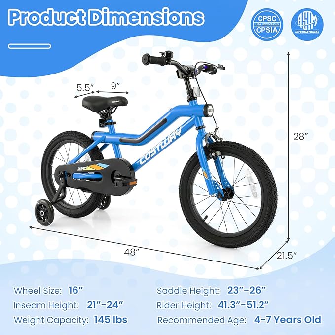 COSTWAY 16”/18” Lighted Kids Bike, Children Sport Bicycle with LED Light-up Frame, Adjustable Saddle, Training Wheels, Handbrake & Coaster Brake, Kids Riding Bike for 4-7/4-8 Years Old Boys & Girls
