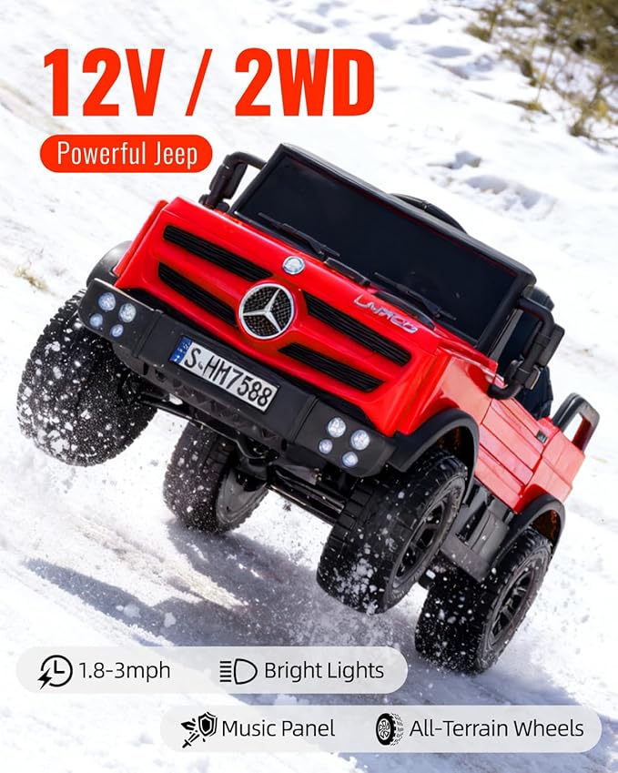 12V Ride on Car for Kids, Licensed Mercedes-Benz Unimog Truck w/Parent Remote Control, LED Headlights, Music Player & Horn for 3-6 Years Toddler, Red