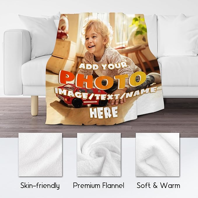 Custom Blanket Gifts with Picture, Personalized Blankets for Kids, Customized Gifts with Photo Text, Warm Flannel Throw for Boys Girls, 40"x50"