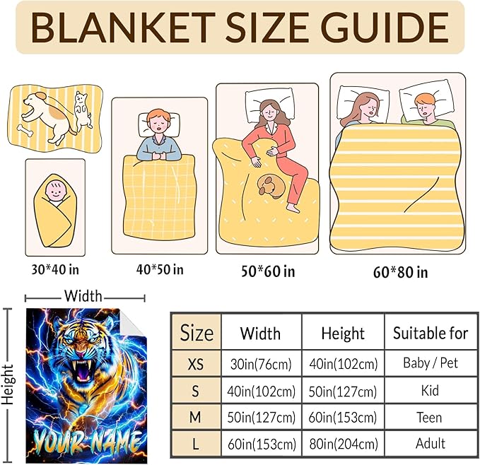 Personalized Blanket for Boys Men, Tiger Throw Blankets for Kids Adults Son Tiger Lovers 60x80 Inches Lightweight Cozy Custom Throw for Sofa Couch Bed Living Room Office Trip