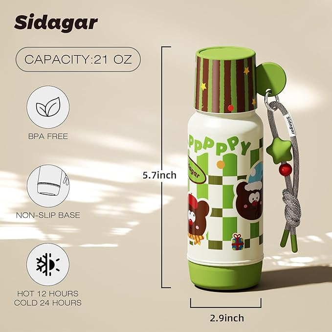 20 oz Cute Tumbler witn Lid and Straw, Insulated Stainless Steel Kids Water Bottle with Strap, Travel Leak Proof Coffee Cup, Bear