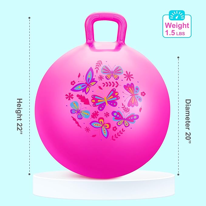 PlayZap Hopper Ball for Kids 6-12,20 Inch Pink Bouncy Ball with Handle, Inflatable Hippity Hop Bounce Hopping Toys Indoor Outdoor for Boys Girls Gifts, Butterfly