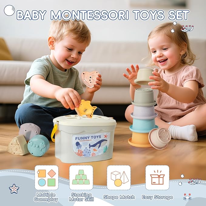 Mold Free Bath Toys for Kids Ages 1-3, 21PCS Baby Bath Toys for Toddlers 2-4 with Shape Sorting and Stacking Cups, Montessori & Educational Bathtub Water Toys with Container for Baby Stocking Stuffers