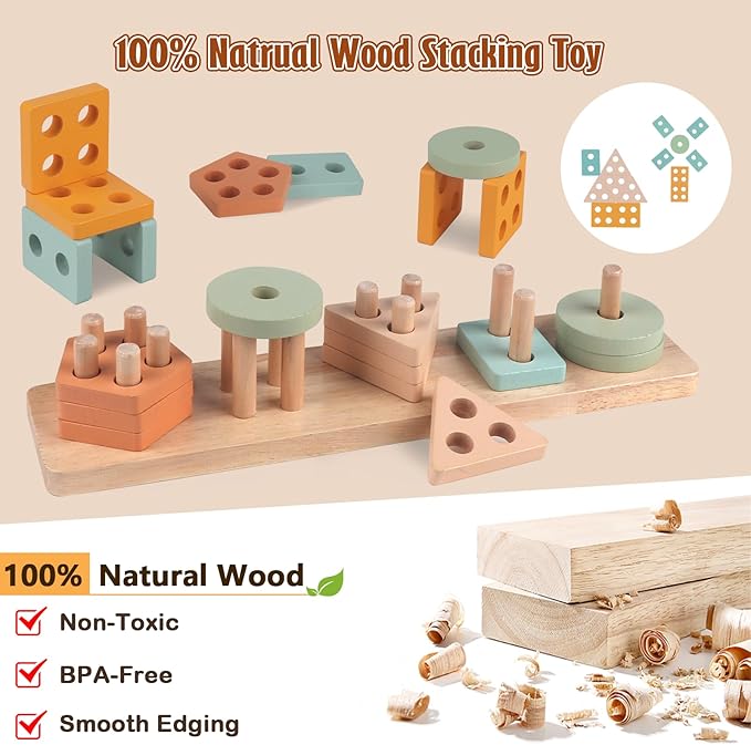 Montessori Toys Wooden Musical Instruments for Kids, Percussion Instruments Music Toy Set with Tambourine, Handbells, Clarinet, Sounder for Toddlers, Educational Toys for Baby (Natural Color)