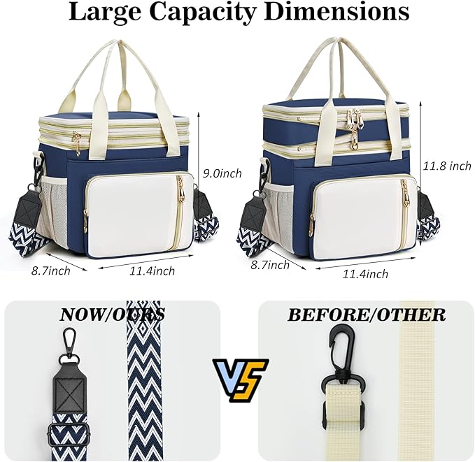 LOKASS Lunch Box for Women/Men-16L-Insulated Lunch Bag, Expandable Double-layer Leakproof Cooler Bag with Upgrade Adjustable Shoulder Strap Ideal for Work/Travel/Picnics（Dark Blue）