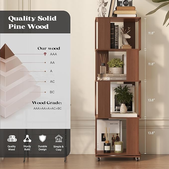 4 Tier Solid Wood Rotating Bookshelf Tower on Wheels, 360° Upgrade Spinning Book Shelf, Revolving Bookcase Organizer, Swivel Bookshelves for Small Spaces, Corner, Bedroom, Kids Room, Office (Walnut)