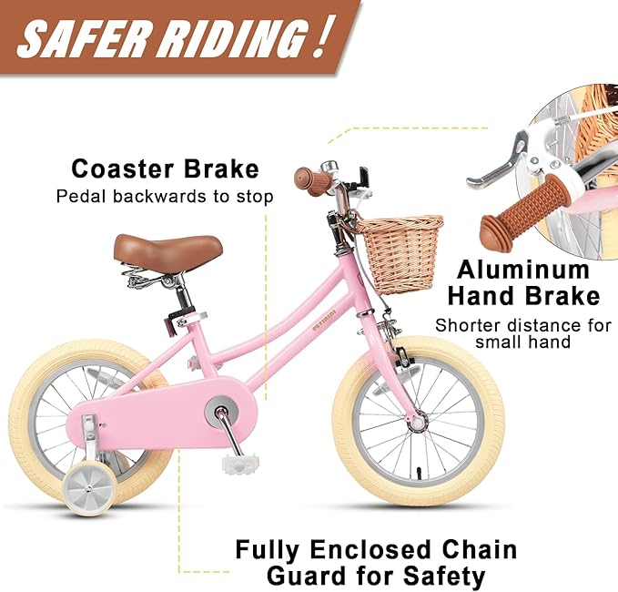 Petimini Girls Bike with Basket for 2-12 Years Old Kids, 12 14 16 18 20 Inch Bicycle with Bell Training Wheels Basket, Multiple Colors