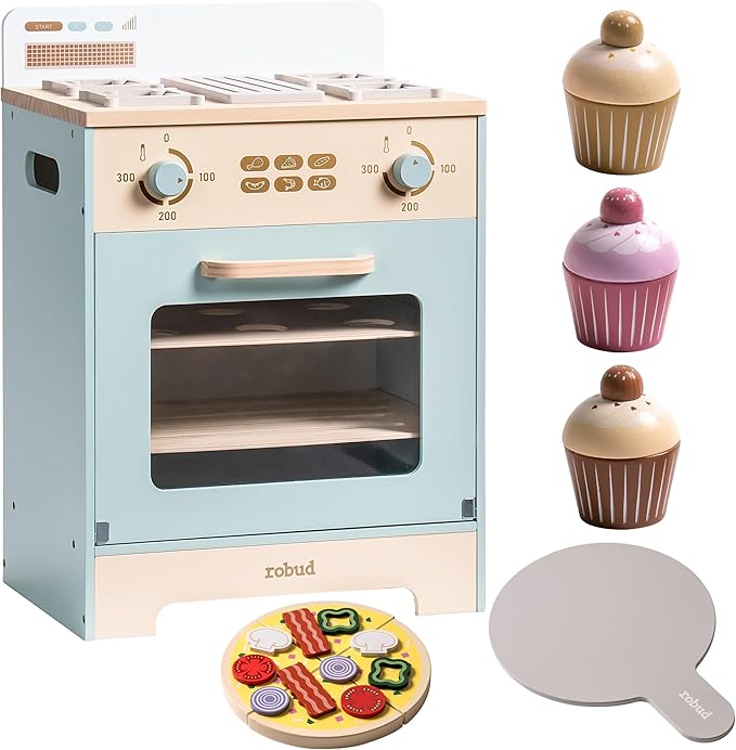 ROBOTIME Wooden Toy Kitchen Oven Playset, Montessori Pretend Play Kitchen Accessories with Pizza and Cupcakes Food Toys, Wooden Pizza Oven Set Toys for Toddlers & Kids, WCF28