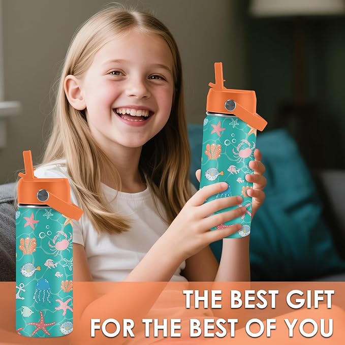 Ocean Gifts for Kids - 16 Oz Green Water Bottle with Straw Lid, Stainless Steel Insulated Tumbler, Leak Proof, BPA-Free, for Girls & Boys, School, Beach - Marine Life Lovers Birthday Gifts (1pc)