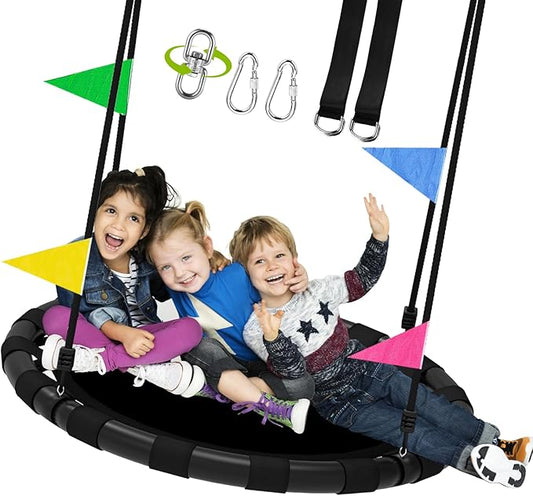 48 Inch Saucer Swing, 900lbs Weight Capacity Tree Swing Sets for Backyard 2 Added Hanging Straps Adjustable Multi-Strand Ropes and Center Swivel Spinner, Gifts for Kids and Family, Black