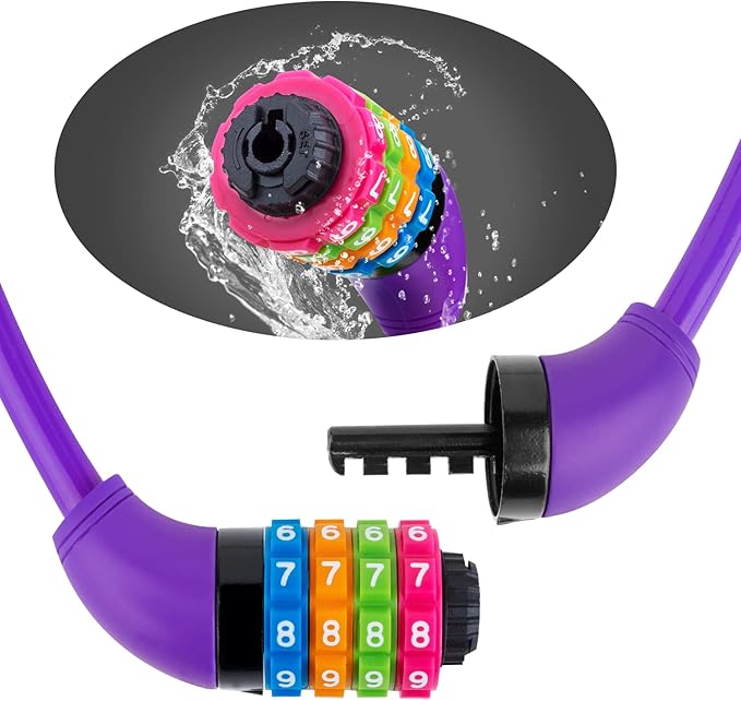 Bike Lock Cable, Bicycle Cable Lock with 4 Digit Combination & Large Lock Head, Resettable Kids Bike Cable Lock, 2 Ft x ∅1/2 IN, Lock for Bike, Scooter, Skateboard, motorcycle, E Bike (Purple)