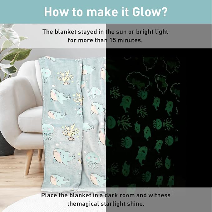 Glow in The Dark Blanket Shark Pattern for Unique Birthday Gifts for Girls Boys Teens, Lightweight Soft Cozy Warm Fuzzy 50"×60" Blue