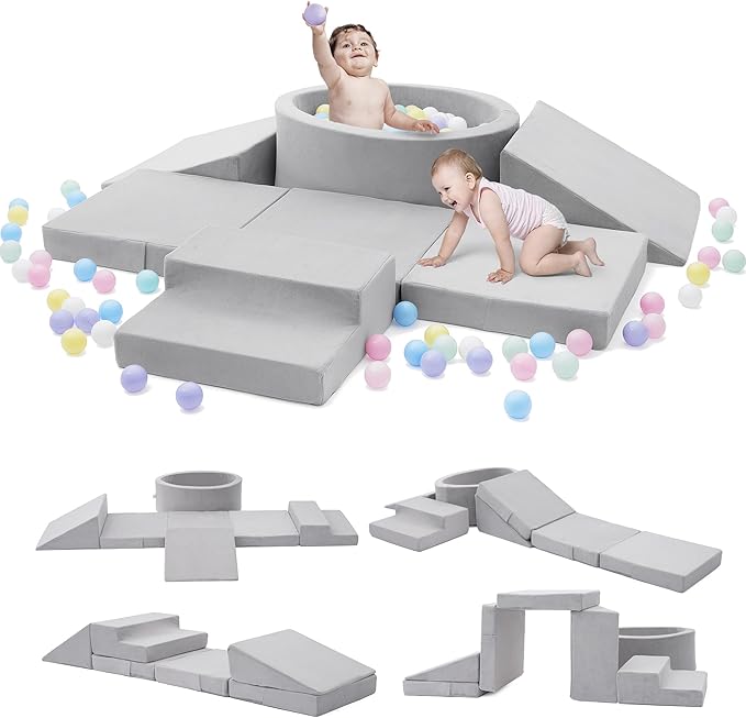 Foam Climbing Blocks with Ball Pit & Stairs for Toddlers Aged 1-3 -Soft Playset for Indoor Crawling, Foam Playground Set for Baby to Active Playing Inside -(Balls NOT Included),Grey