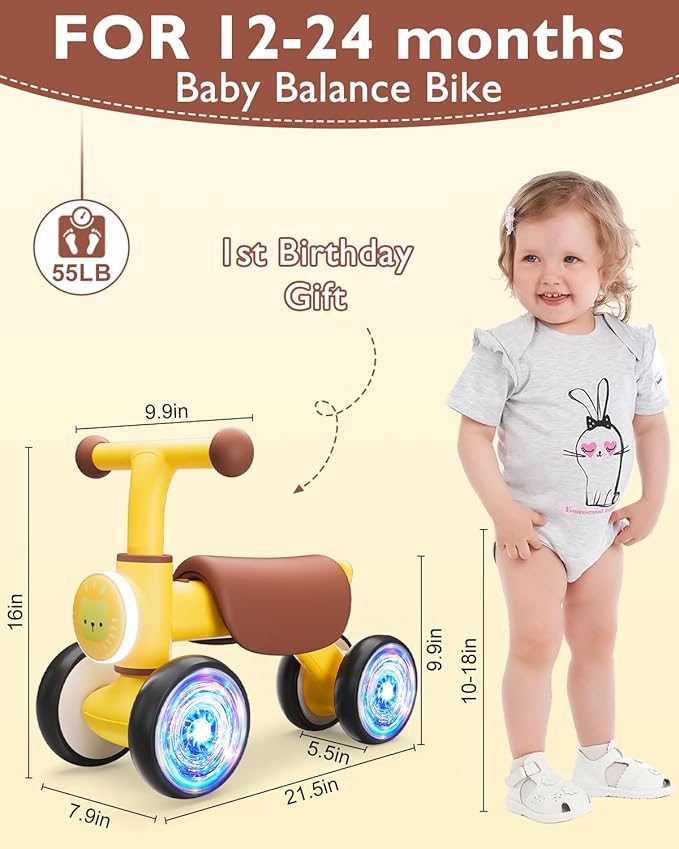 Balance Bike Toys for 1 Year Old Boy, Toddler Toys for 1 Year Old Girls Gifts, Toddler Bike with Colorful Glow Wheel, Soft Music, Cute Animal Sound, One Year Old Birthday Gifts