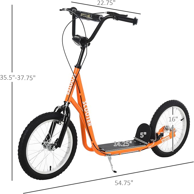 Aosom Youth Scooter Kick Scooter for Kids 5+, Max Load 220 LBS., with Adjustable Handlebar, 16" Inflatable Wheels, Dual Brakes