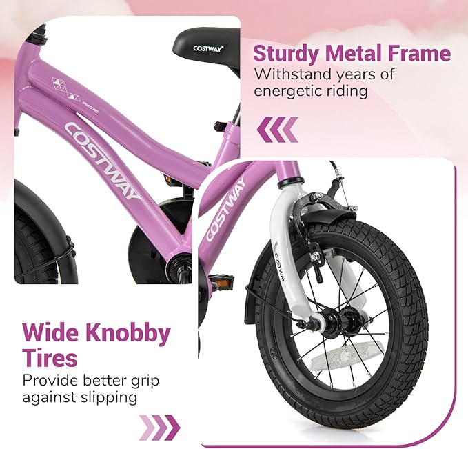 COSTWAY 12/14/16/18 Inch Kids Bike, Children Toddler Bicycle with Training Wheels, Adjustable Seat & Handlebar, Handbrake & Coaster Brake, Reflectors, Bell, Suitable for 3-8 Years Old Boys Girls