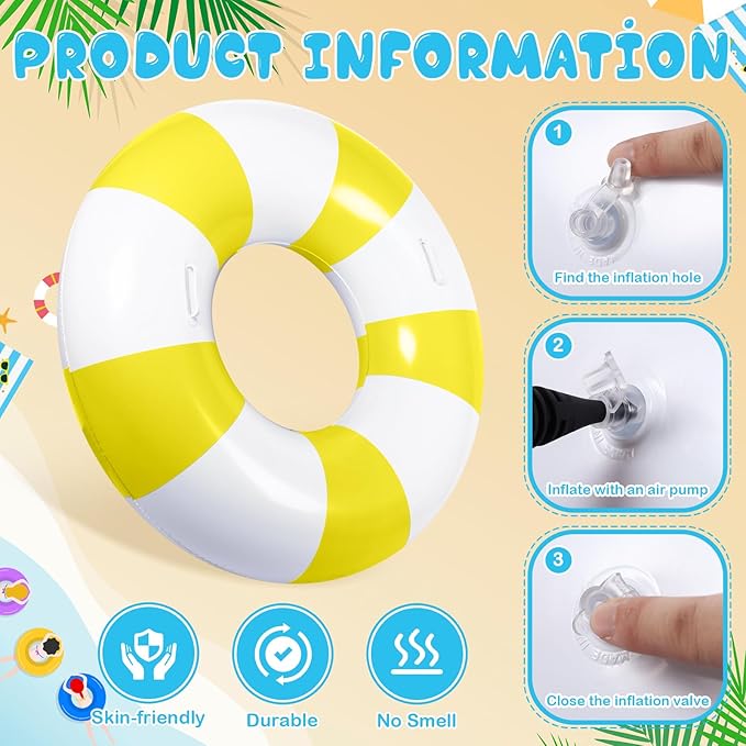 3 Pcs Large Swim Ring with Handles Set 47.24" 39.37" 35.43" Inflatable Pool Inner Tube Classic Striped Pool Ring Floats for Adults Teens Summer Lounger Beach Party Supplies