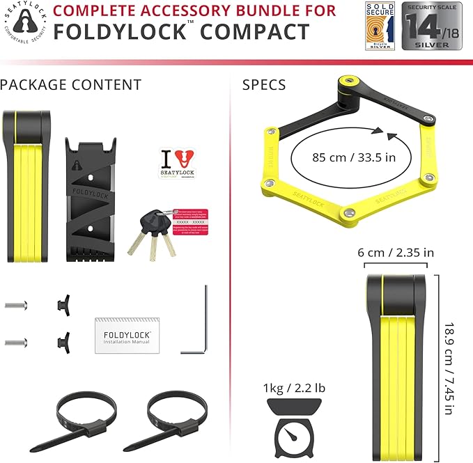 Seatylock FoldyLock Compact Folding Bike Lock - Award Winning Patented Lightweight High Security Bicycle Lock - Heavy Duty Anti Theft Smart Secure Guard with Keys & Case for Bikes or Scooters