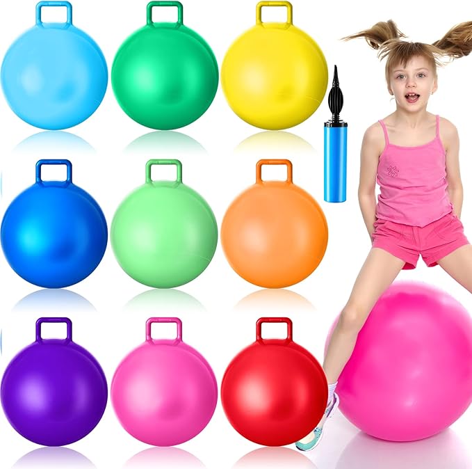 Meooeck 9 Pcs Hopper Ball Carnival Outdoor Game 22 Inch Jumping Hopping Outdoor Bouncy Ball with Handles and Air Pump for Sports School Games Exercise(Multicolor)