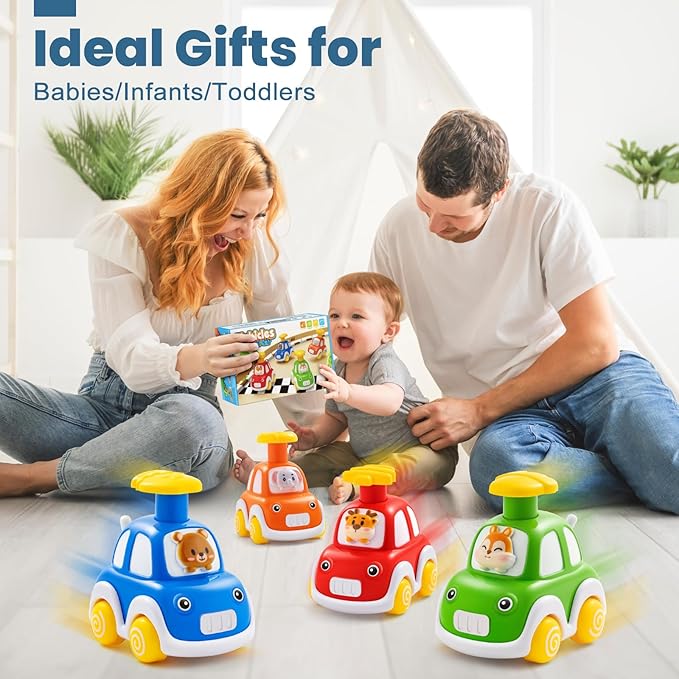 Press and Go Car Toys for Toddlers 1-3, 4 Pack Animal Baby Car Toys for 1 2 Year Old Boy, Push Go Friction Vehicle Toys for Infants 6-9-12-18 Months, One First Birthday Gifts for Boys Girls