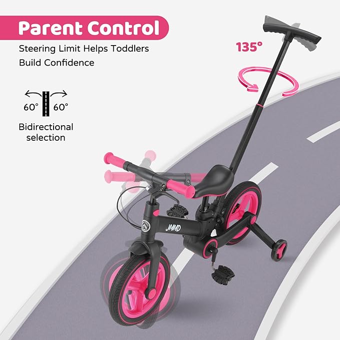 JMMD Toddler Bike with Push Handle for Kids 18-60 Months, 6 in 1 Foldable Push Bike with Training Wheels, Pedals, Brakes, Kickstand, Kid Balance Bike Gift & Toys for Boy & Girl
