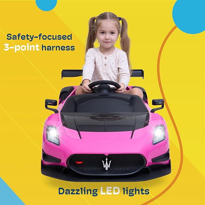 Kidzone 12V Ride On Car for Kids,Licensed Maserati GT2 Electric Battery Powered Sports Car Toy w/Remote Control & Manual Drive, LED Lights, Bluetooth & USB & AUX Port - Pink