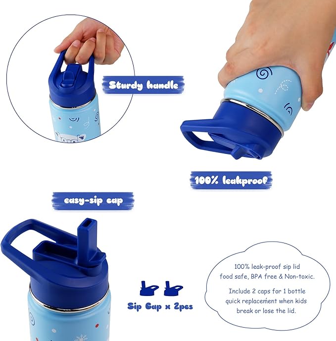 16 oz Stainless Steel Insulated Kids Water Bottle, Leak Proof Metal Thermal Flask with Straw lid, Cute Toddler Tumbler Cup for School Girls & Boys (Blue, Bear)